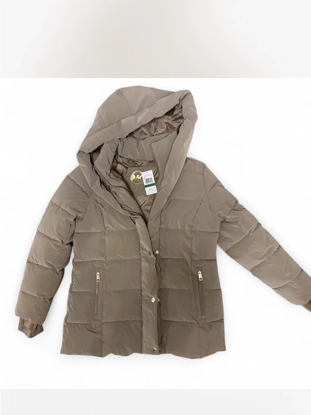 Michael Kors Quilted Puffer Coat with Hood in Taupe with Gold Zippers Size L NWT